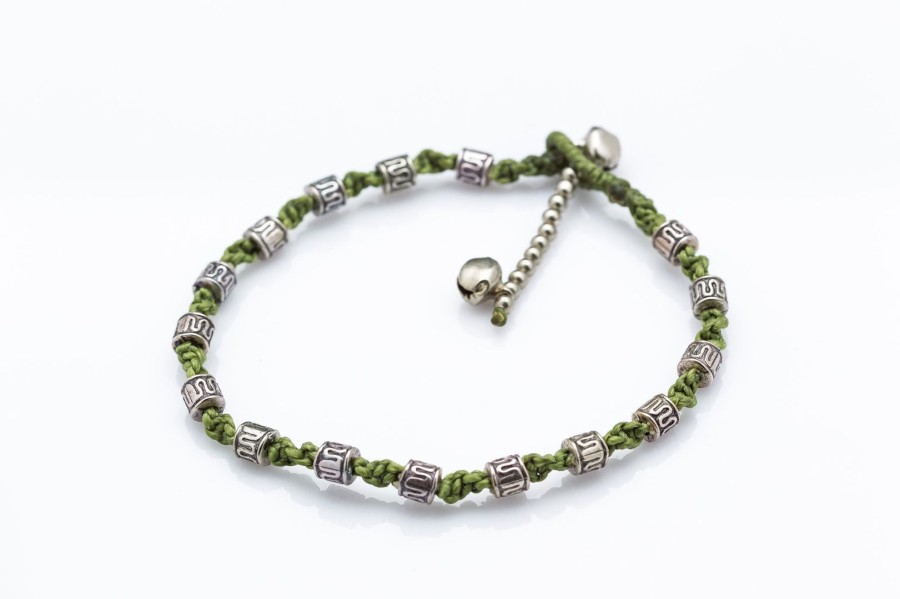 Accessories HaremPants | Hand Made Fair Trade Anklet Waxed Cotton Silver Beads Olive