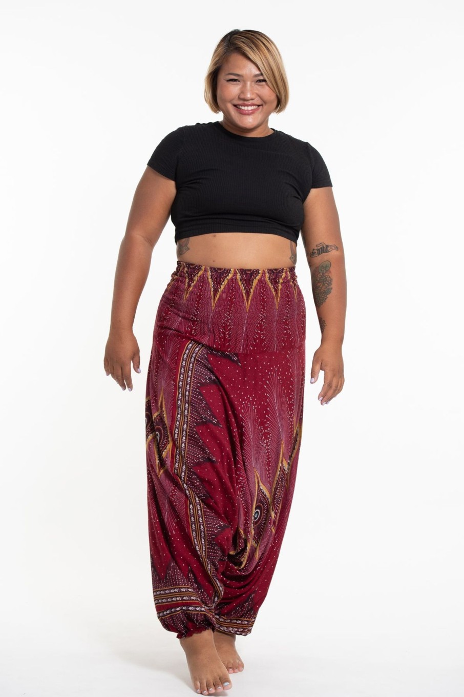 Plus Size HaremPants | Plus Size Diamond Peacock 2-In-1 Jumpsuit Harem Pants In Red