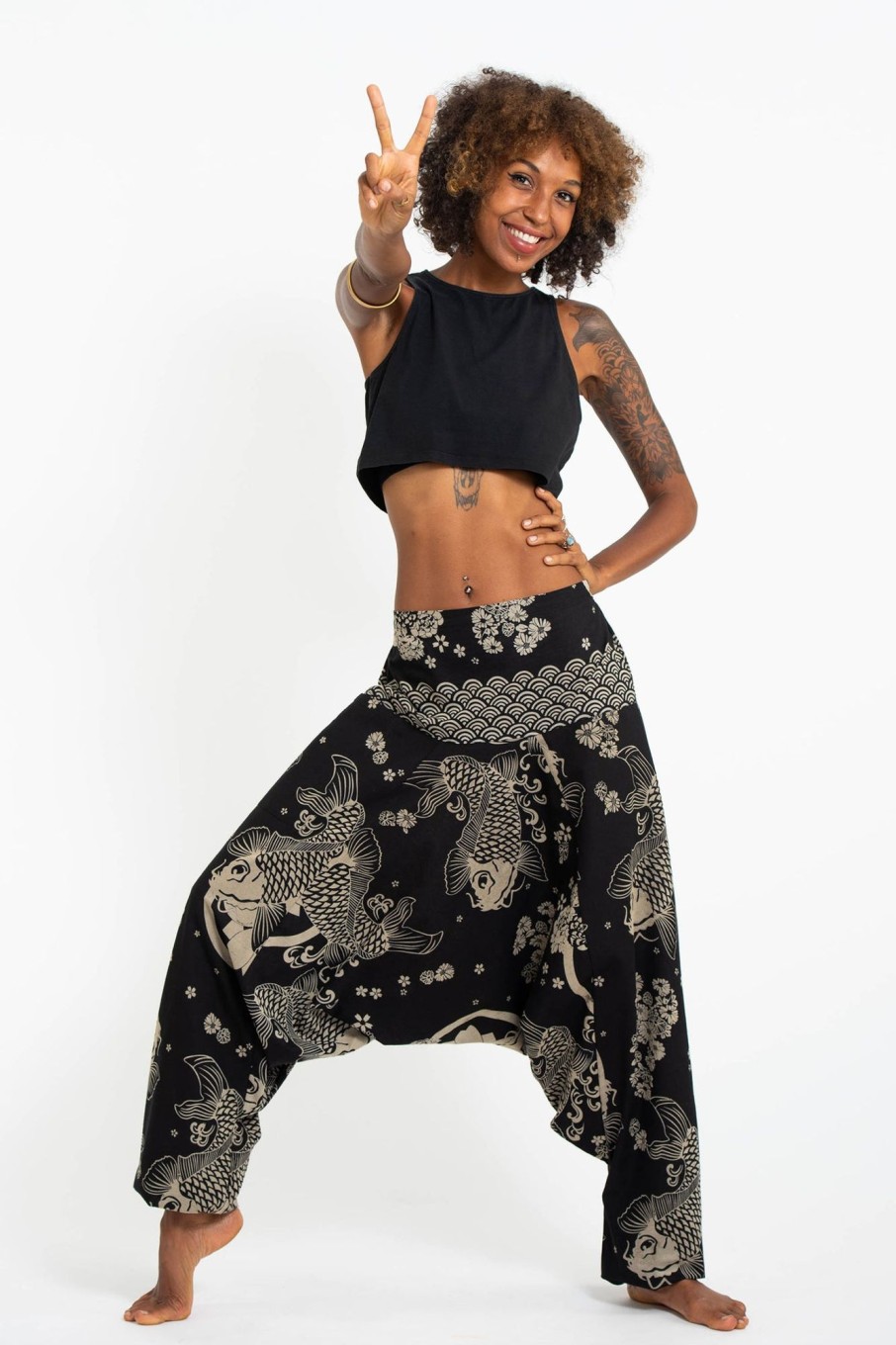 Women HaremPants | Hill Tribe Koi Fish Print Women'S Harem Pants In Black