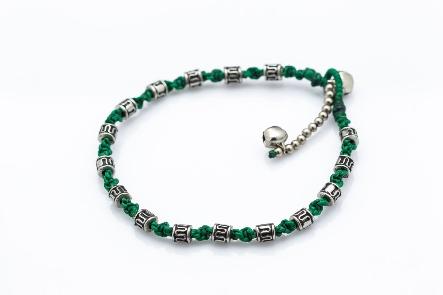 Accessories HaremPants | Hand Made Fair Trade Anklet Waxed Cotton Silver Beads Green