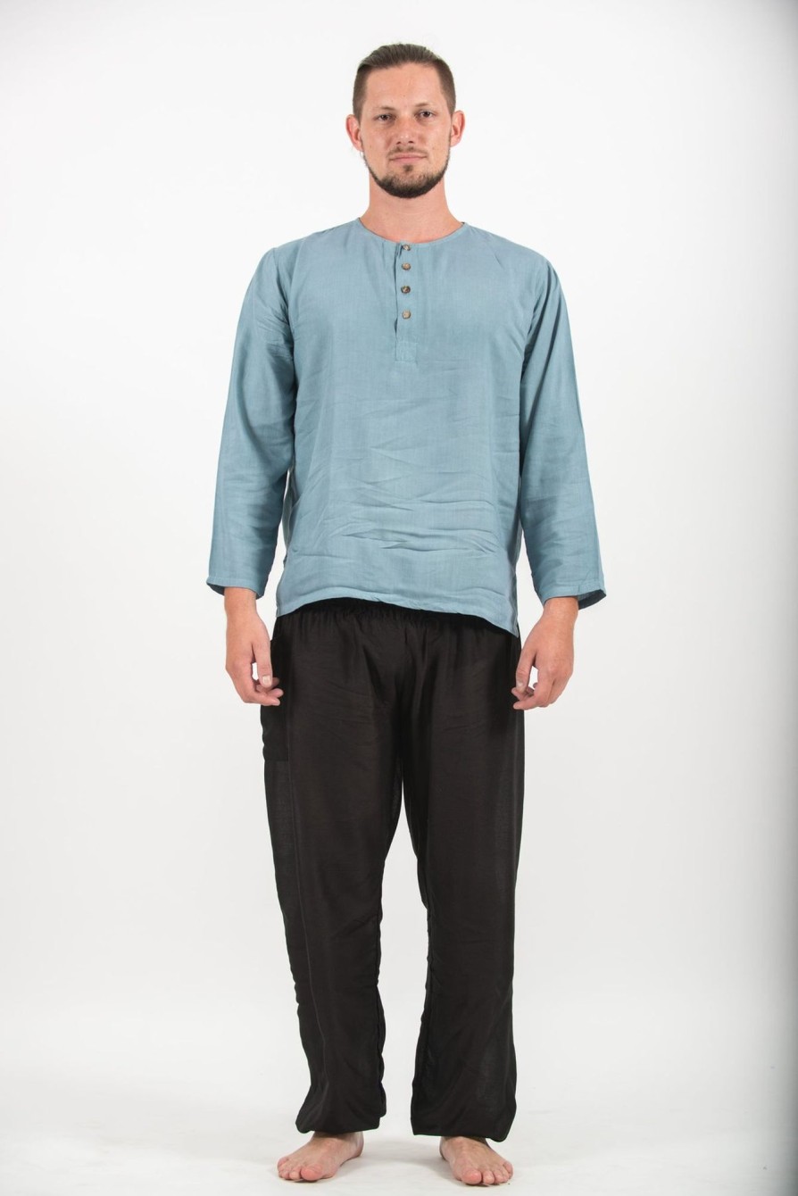 Men HaremPants | Mens Yoga Shirts No Collar With Coconut Buttons In Aqua