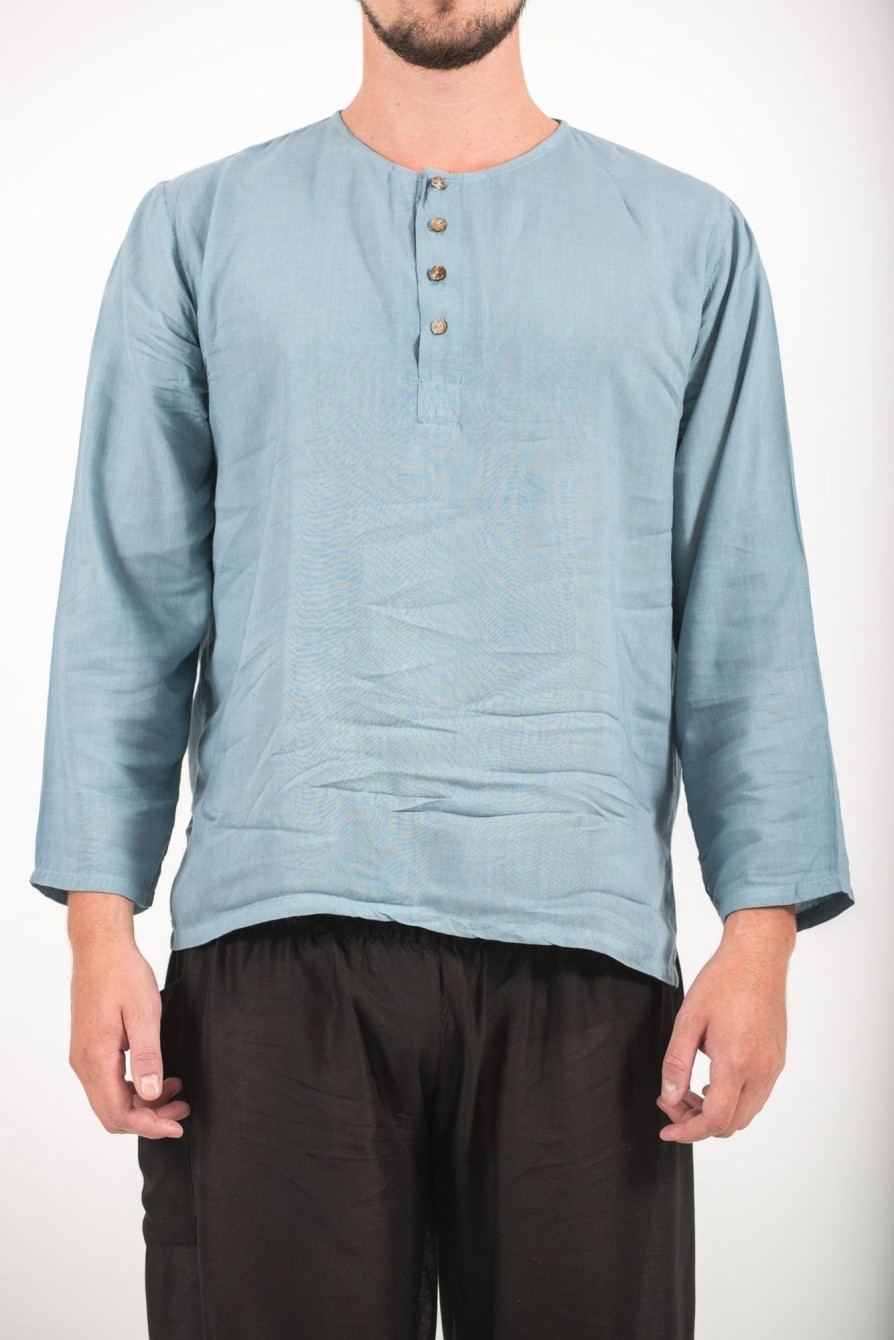 Men HaremPants | Mens Yoga Shirts No Collar With Coconut Buttons In Aqua