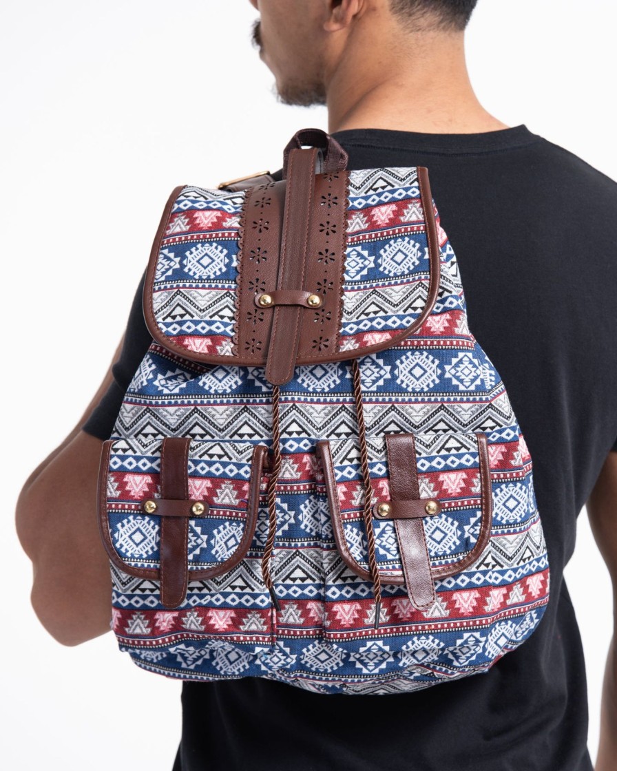 Accessories HaremPants | Tribal Woven Fabric With Faux Leather Backpack 02 Multi