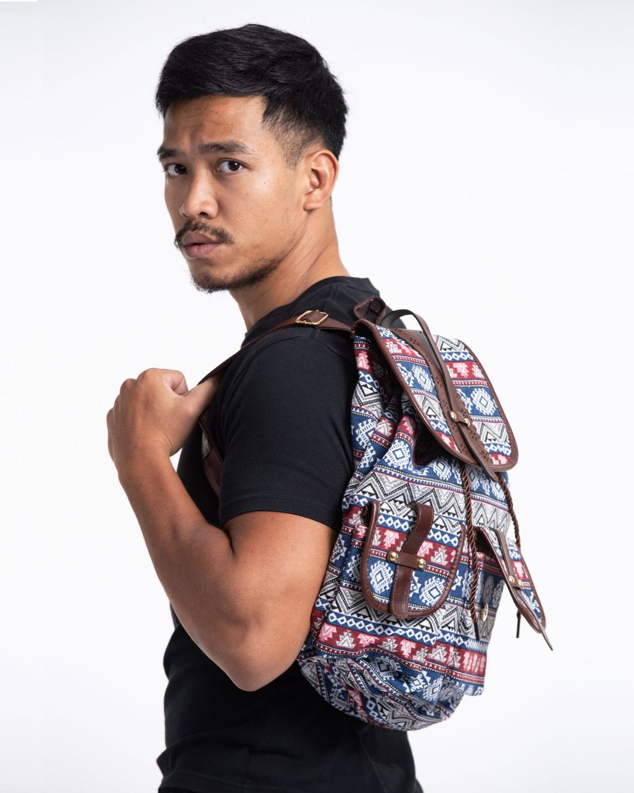 Accessories HaremPants | Tribal Woven Fabric With Faux Leather Backpack 02 Multi