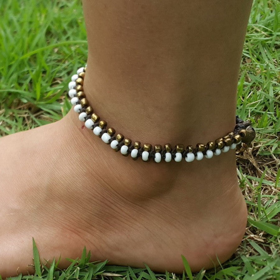 Accessories HaremPants | Hand Made Fair Trade Anklet Double Strand Brass Beads White