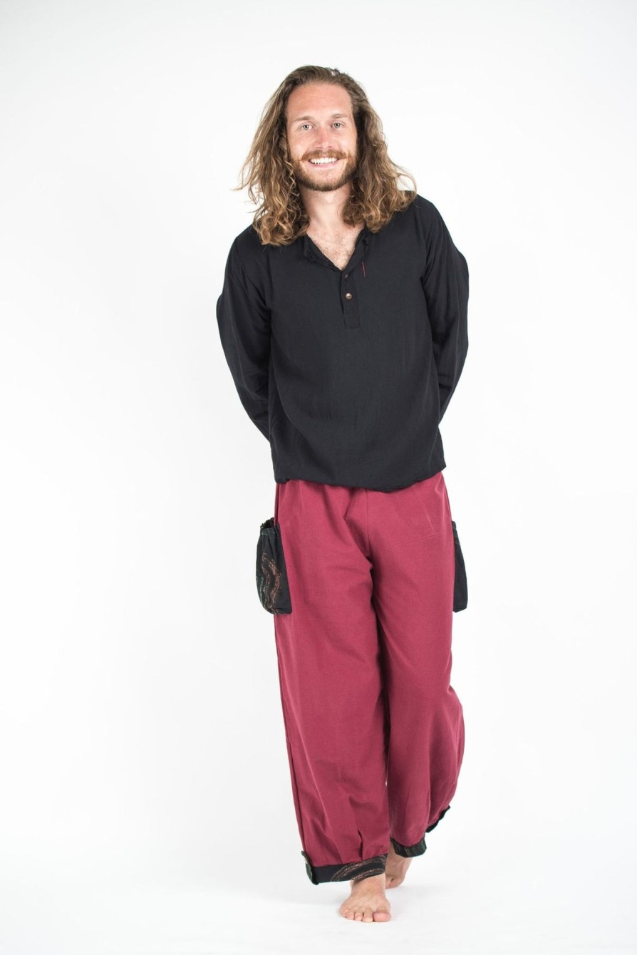 Men HaremPants | Thai Cotton Men Drawstring Pants With Hill Tribe Trim Red