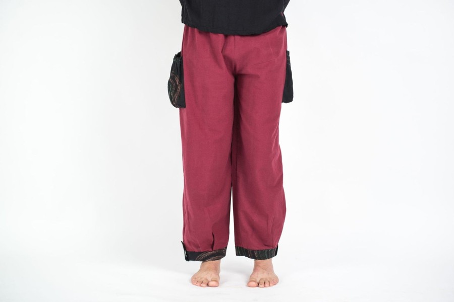 Men HaremPants | Thai Cotton Men Drawstring Pants With Hill Tribe Trim Red