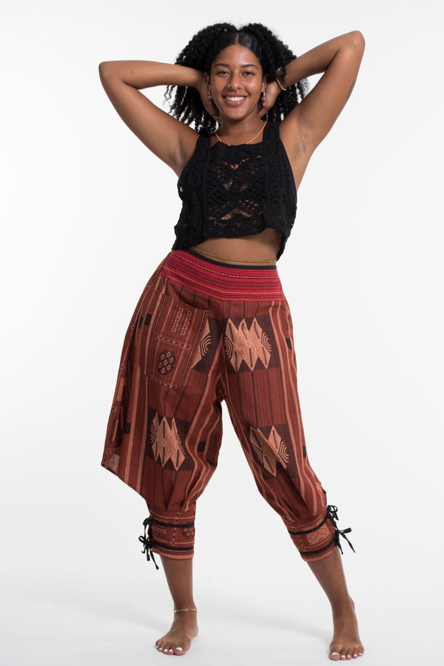 Women HaremPants | Thai Hill Tribe Fabric Women Harem Pants With Ankle Straps In Brick Orange