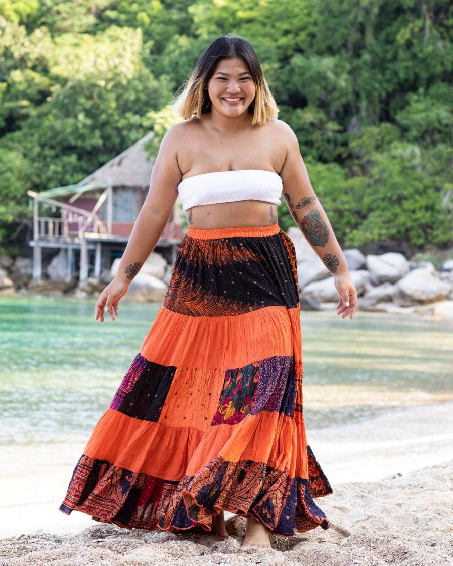 Women HaremPants | Plus Size Patchwork Long Skirt In Bright Orange