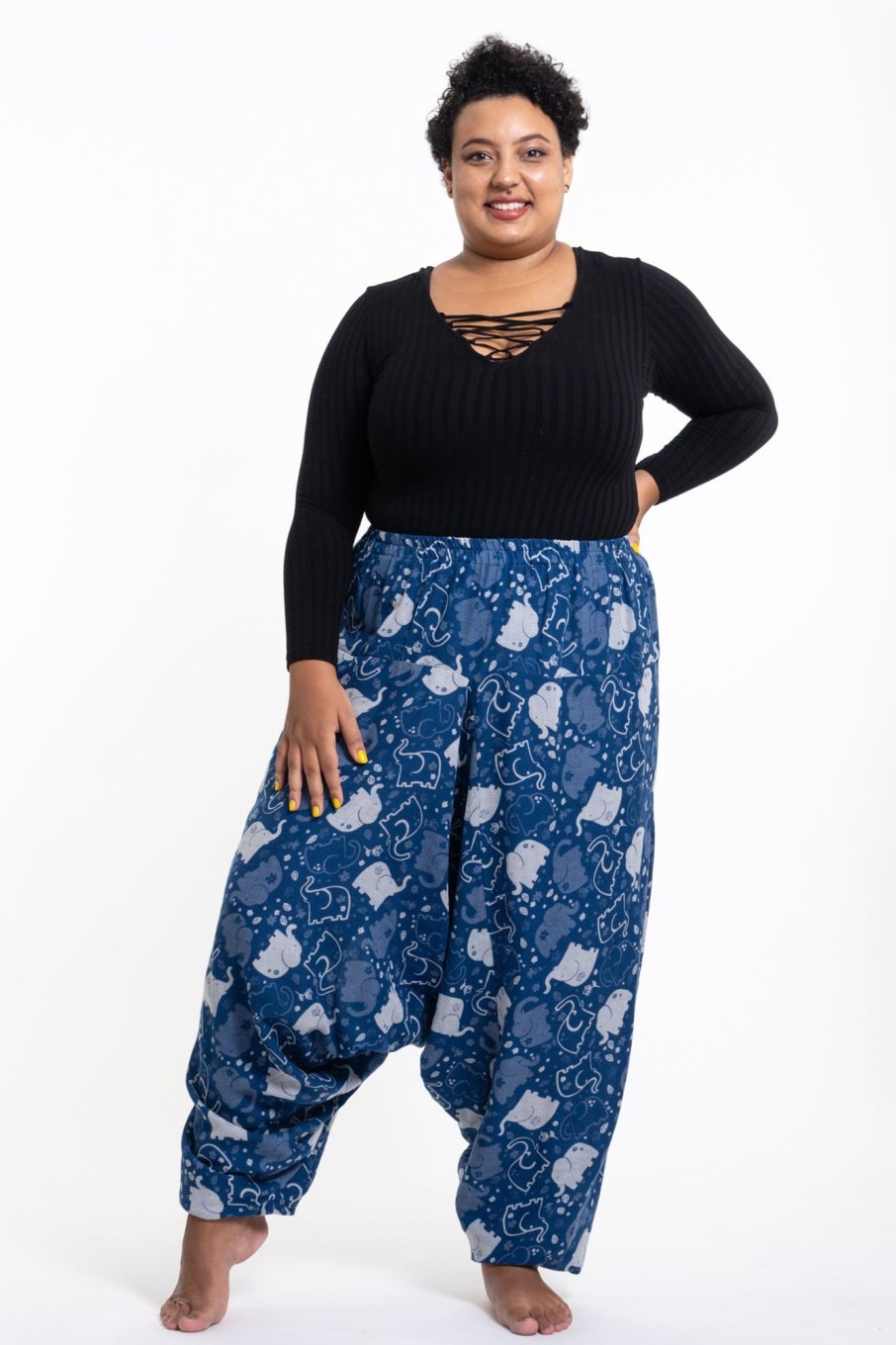 Plus Size HaremPants | Plus Size Elephant Prints Women'S Low Cut Cotton Harem Pants In Indigo