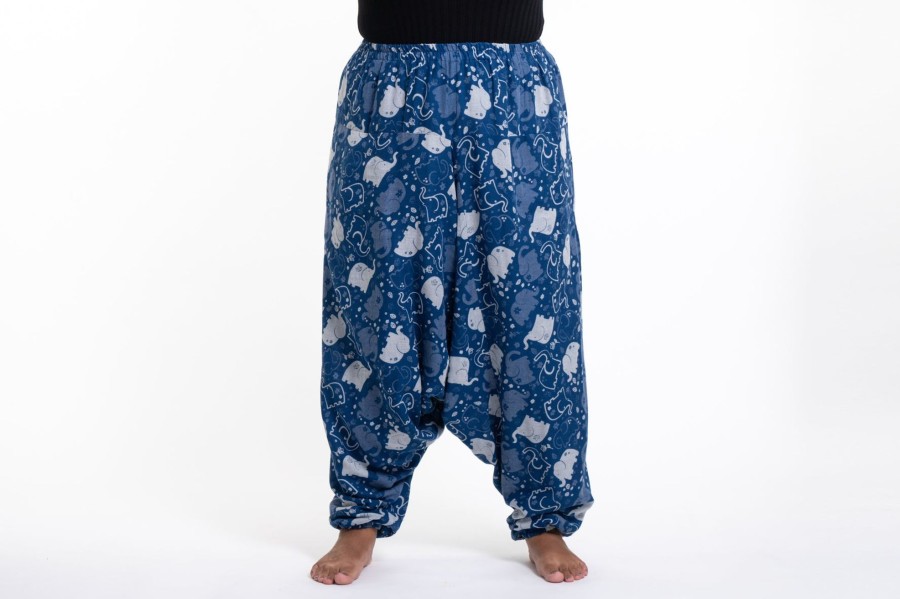 Plus Size HaremPants | Plus Size Elephant Prints Women'S Low Cut Cotton Harem Pants In Indigo