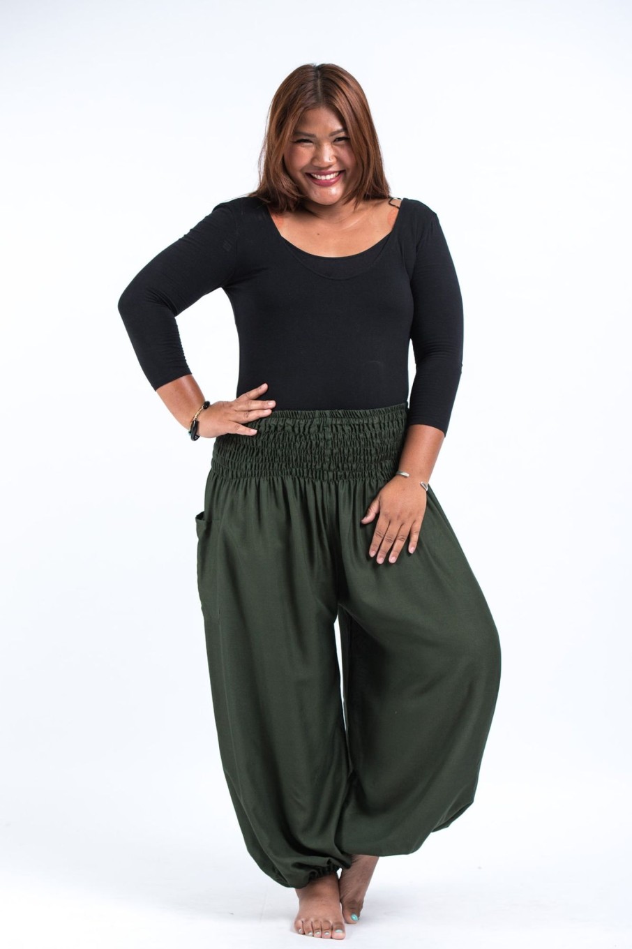 Plus Size HaremPants | Plus Size Solid Color Women'S Harem Pants In Dark Green