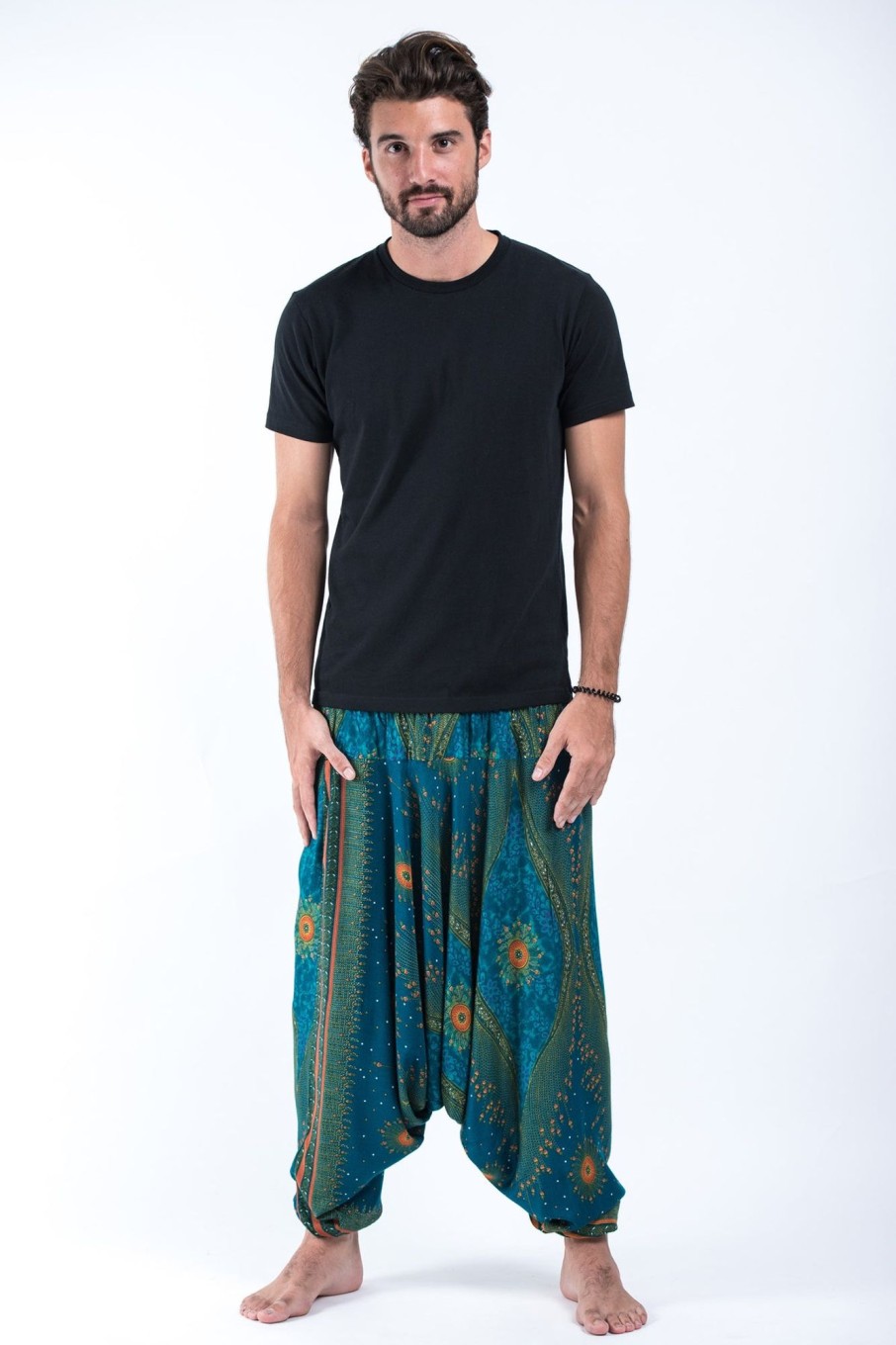 Men HaremPants | Peacock Eye Drop Crotch Men'S Harem Pants In Turquoise