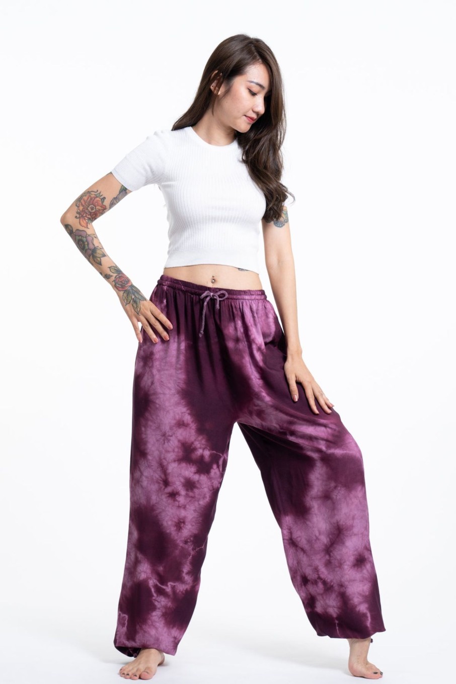 Women HaremPants | Tie Dye Drawstring Women'S Yoga Massage Pants In Dark Purple