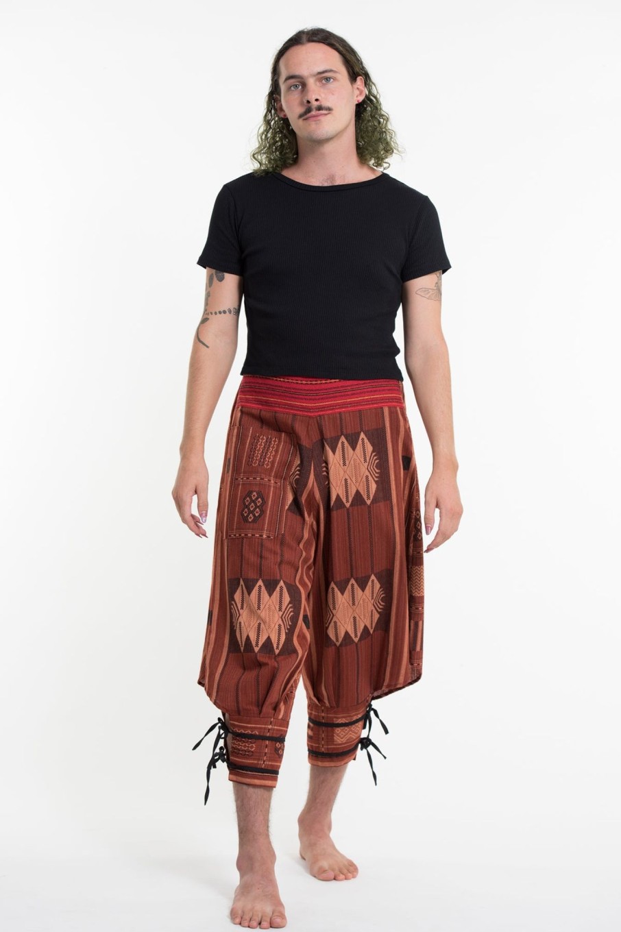 Men HaremPants | Thai Hill Tribe Fabric Men Harem Pants With Ankle Straps In Brick Orange