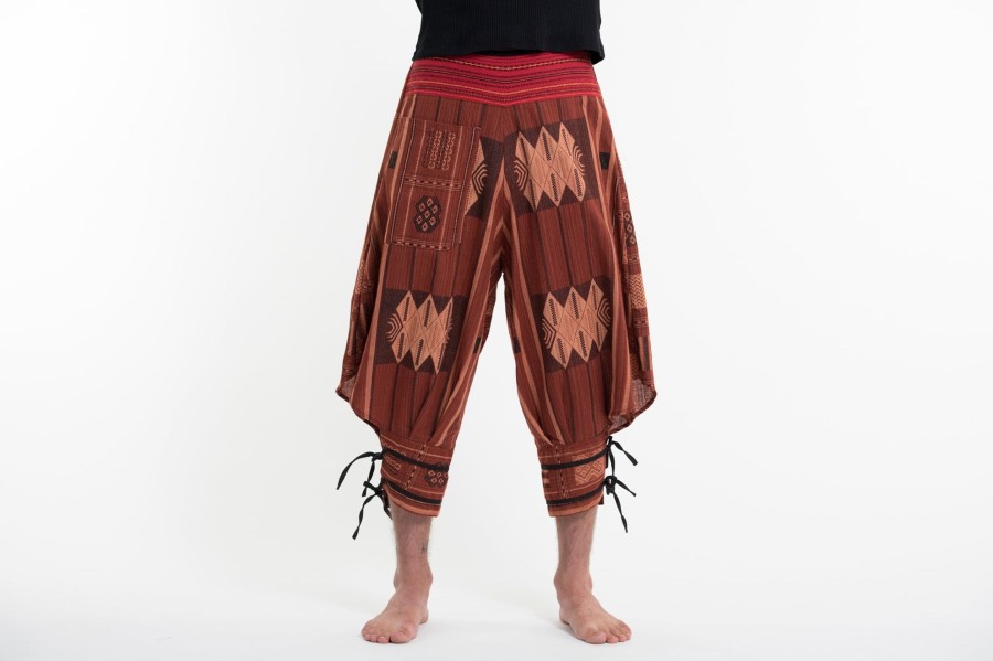 Men HaremPants | Thai Hill Tribe Fabric Men Harem Pants With Ankle Straps In Brick Orange