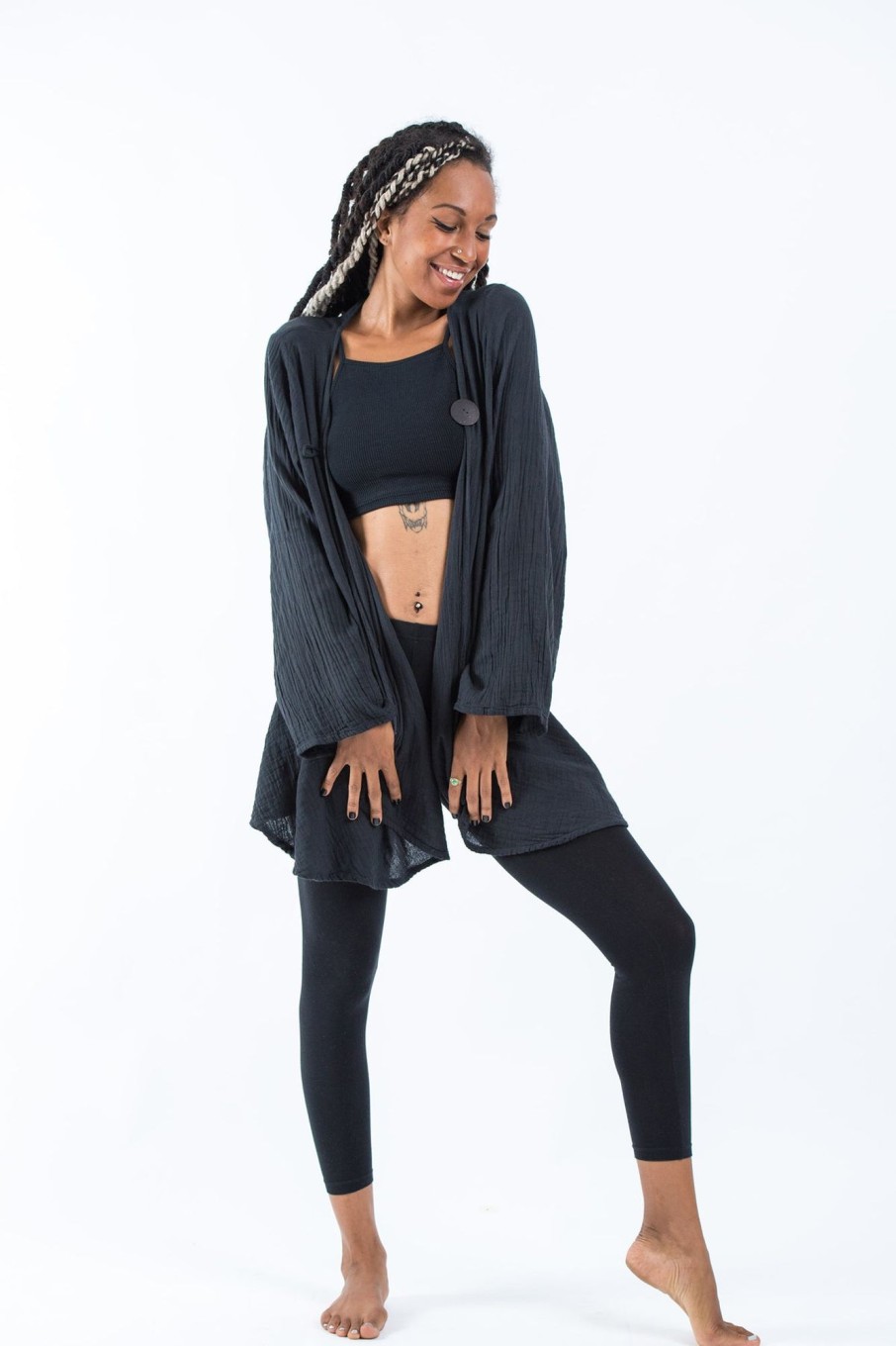 Women HaremPants | Women'S Crinkled Hill Tribe Cotton Cardigan In Black