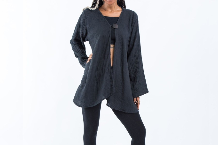 Women HaremPants | Women'S Crinkled Hill Tribe Cotton Cardigan In Black