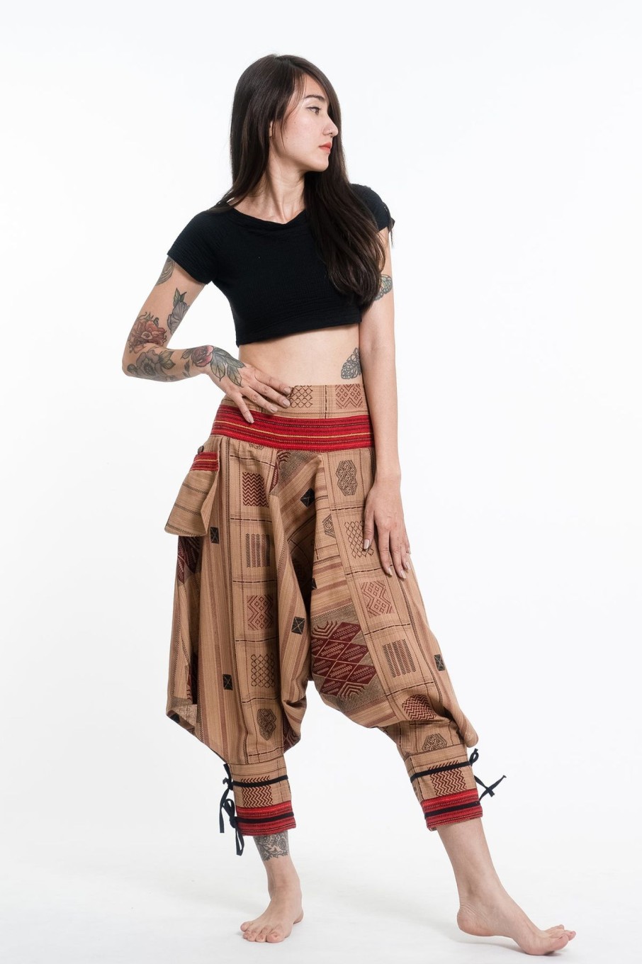 Women HaremPants | Thai Hill Tribe Fabric Women'S Harem Pants With Ankle Straps In Beige