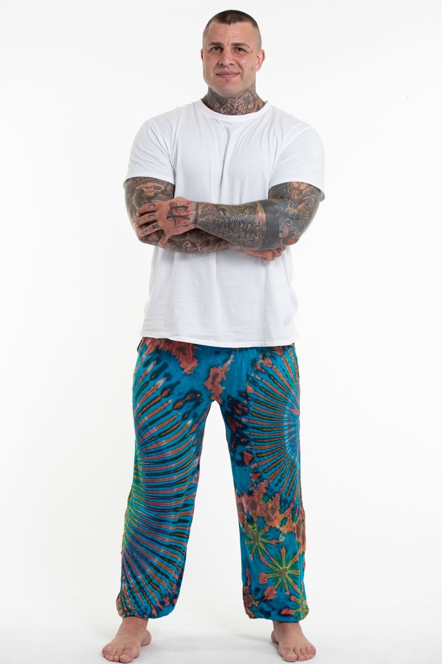 Plus Size HaremPants | Plus Size Tie Dye Cotton Men Harem Pants In Blue Rainbow