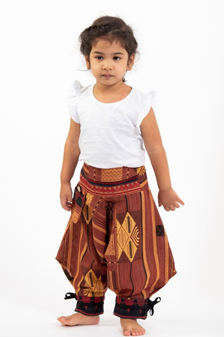 Kids HaremPants | Thai Hill Tribe Fabric Kids Harem Pants With Ankle Straps In Brick