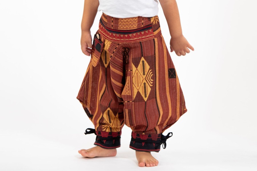 Kids HaremPants | Thai Hill Tribe Fabric Kids Harem Pants With Ankle Straps In Brick