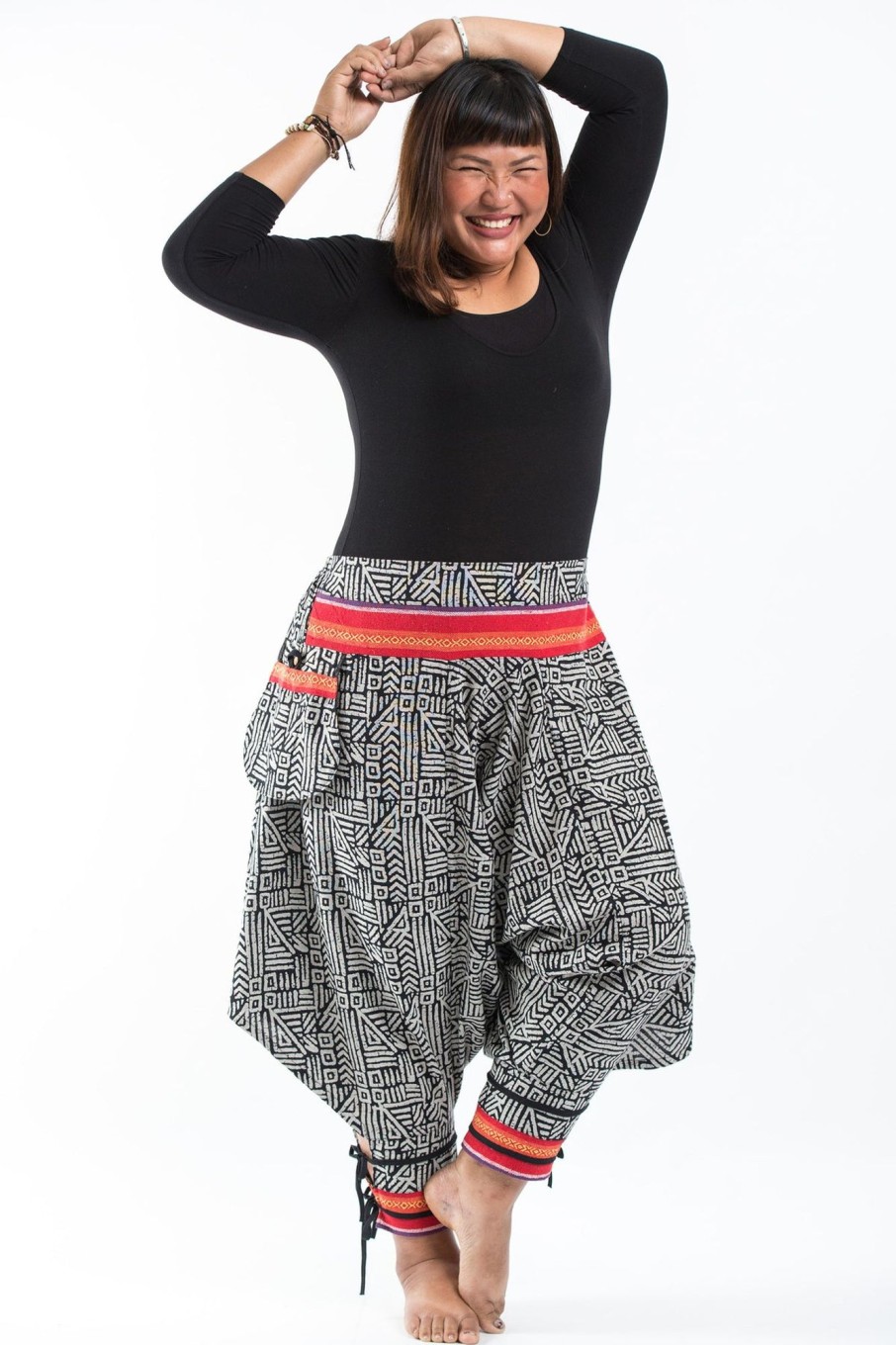 Plus Size HaremPants | Plus Size Woven Prints Thai Hill Tribe Fabric Women Harem Pants With Ankle Straps In Black