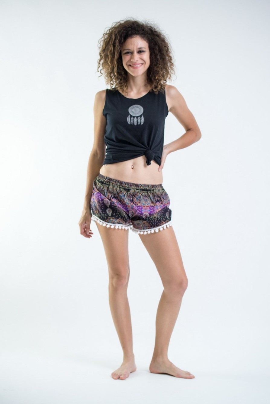 Women HaremPants | Paisley Pom Pom Shorts In Purple/White