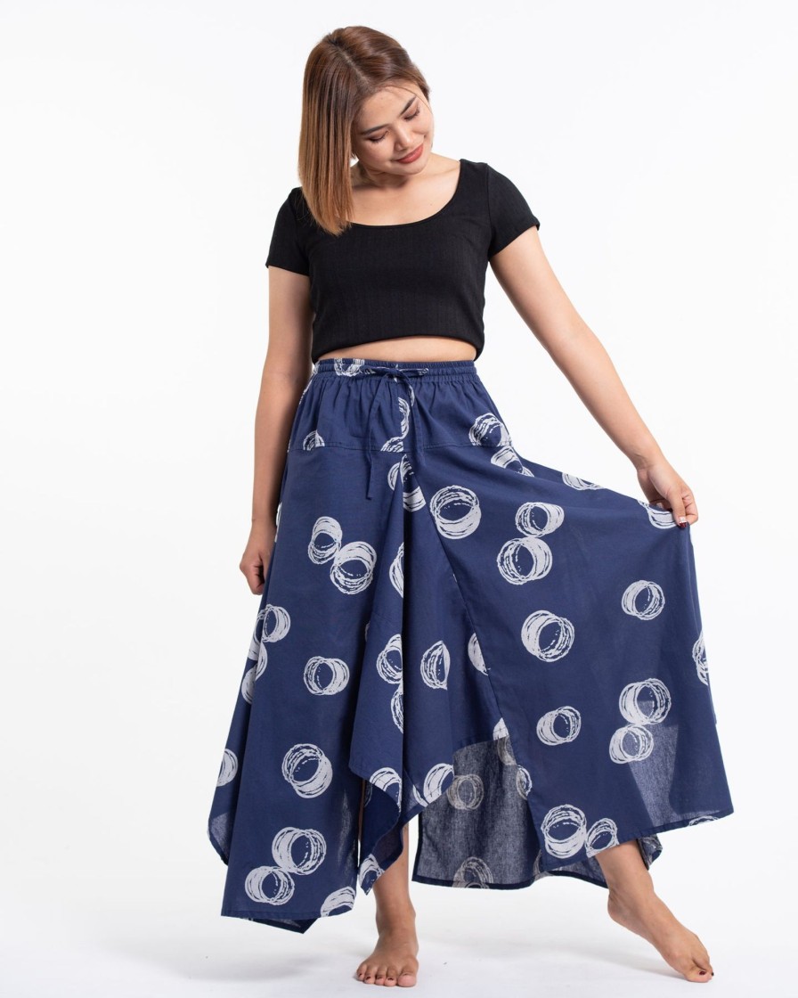 Women HaremPants | Circles Prints Cotton Handkerchief Midi Skirt In Navy