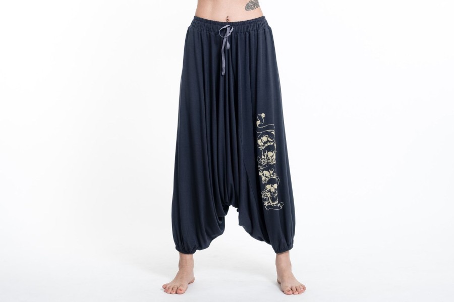 Women HaremPants | Skulls Print Drawstring Low Cut Harem Pants Cotton Spandex In Gray