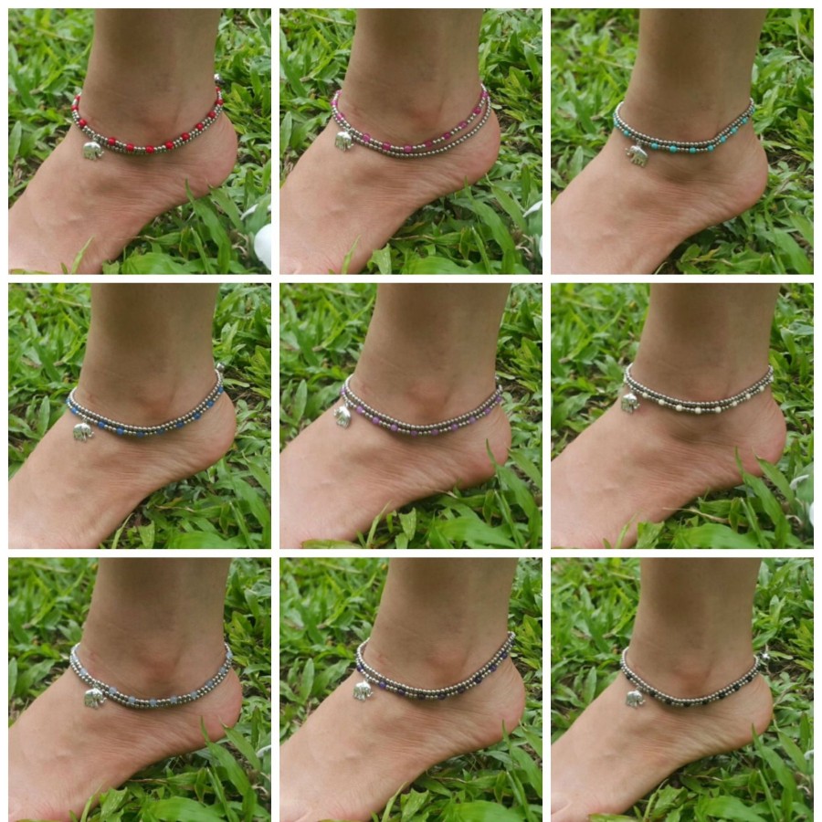 Accessories HaremPants | Hand Made Fair Trade Anklet Double Strand Silver Beads Elephant Black