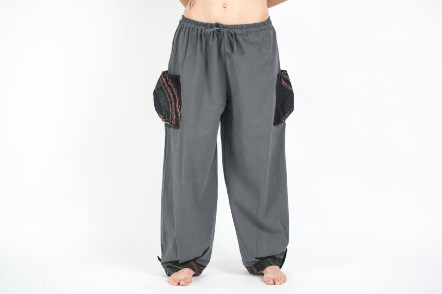 Women HaremPants | Thai Cotton Women Drawstring Pants With Hill Tribe Trim Dark Gray