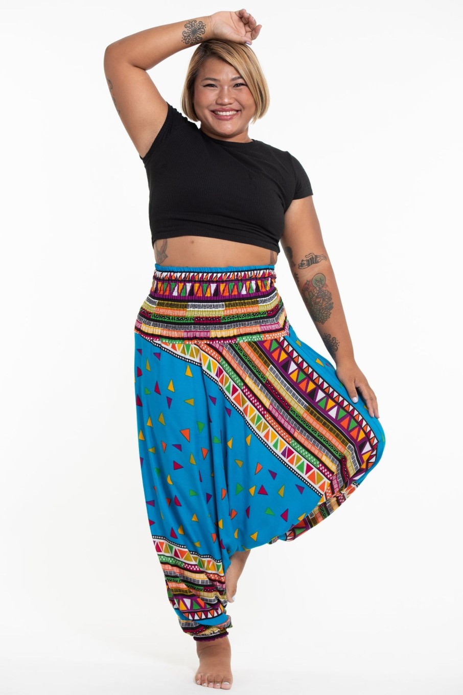 Plus Size HaremPants | Plus Size Triangles 2-In-1 Jumpsuit Harem Pants In Ocean Blue