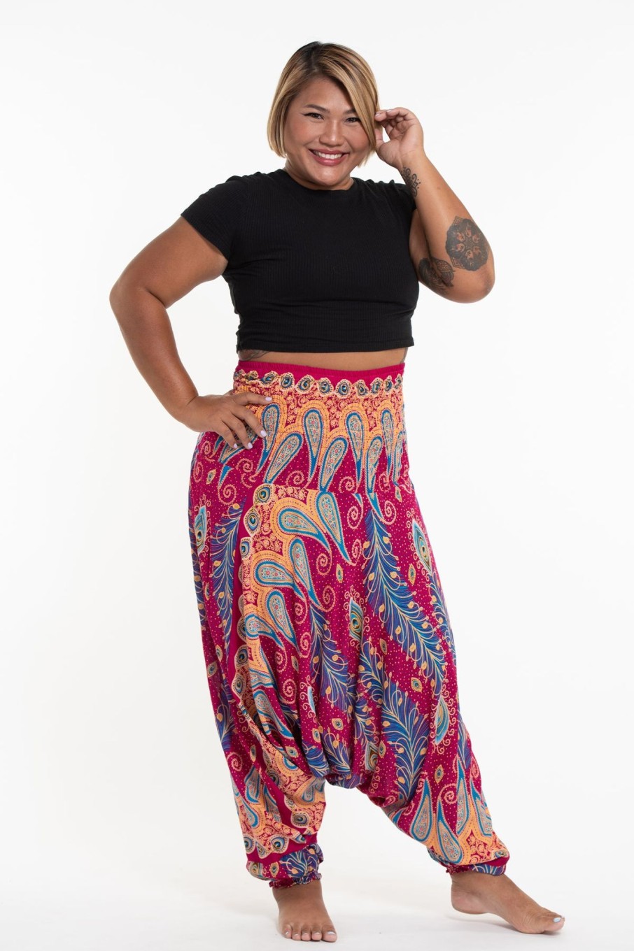 Women HaremPants | Plus Size Peacock Paisley 2-In-1 Jumpsuit Harem Pants In Pink