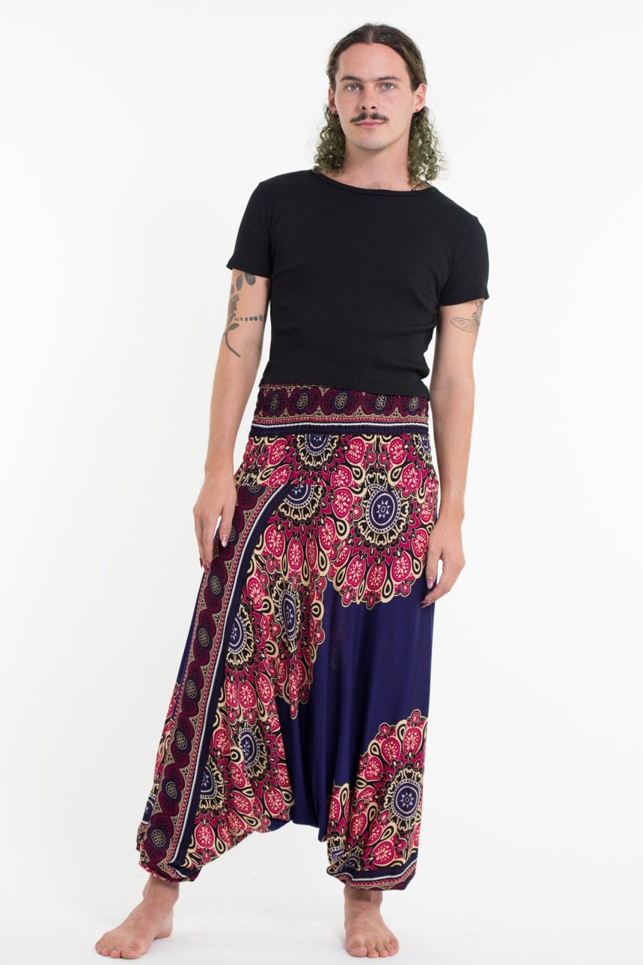 Men HaremPants | Peony Mandalas Drop Crotch Men'S Harem Pants In Indigo