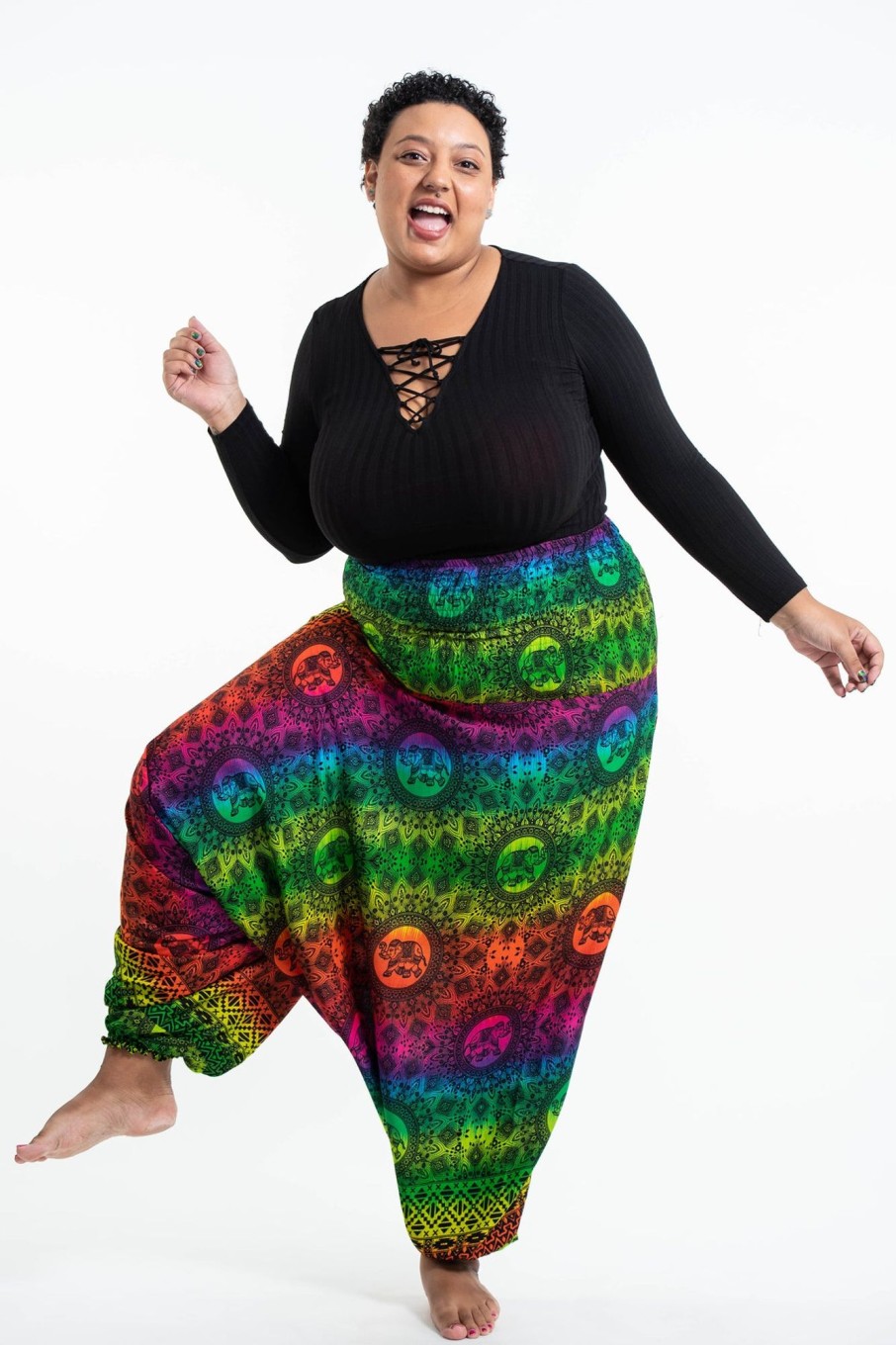 Plus Size HaremPants | Plus Size Rainbow Elephant 2-In-1 Jumpsuit Elephant Pants In Green