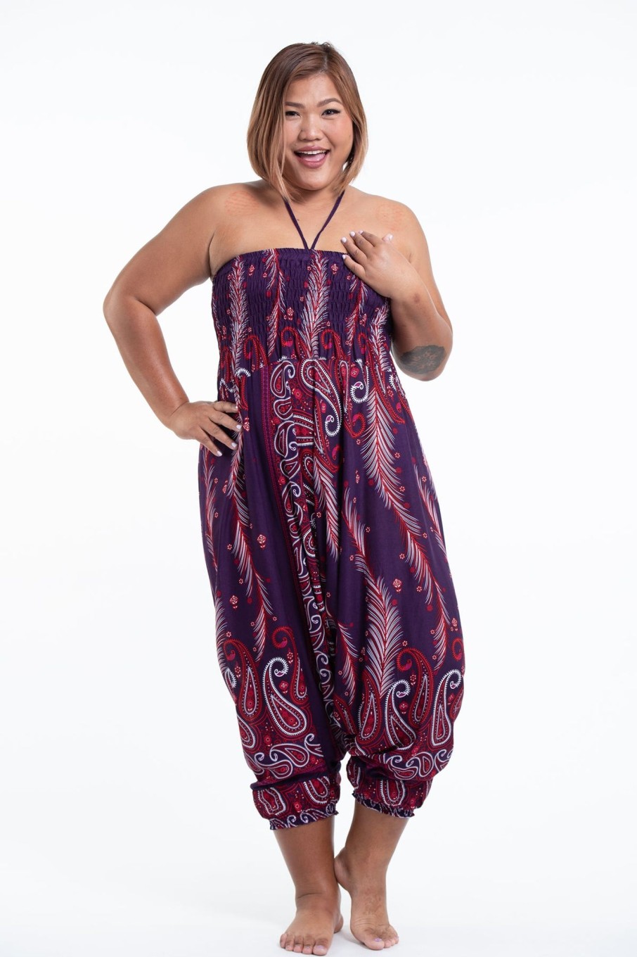 Women HaremPants | Plus Size Paisley Feathers 2-In-1 Jumpsuit Harem Pants In Purple