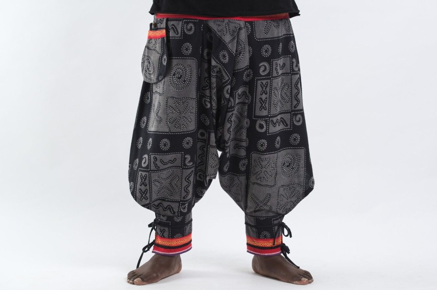 Plus Size HaremPants | Plus Size And Gray Thai Hill Tribe Fabric Men Harem Pants With Ankle Straps Black