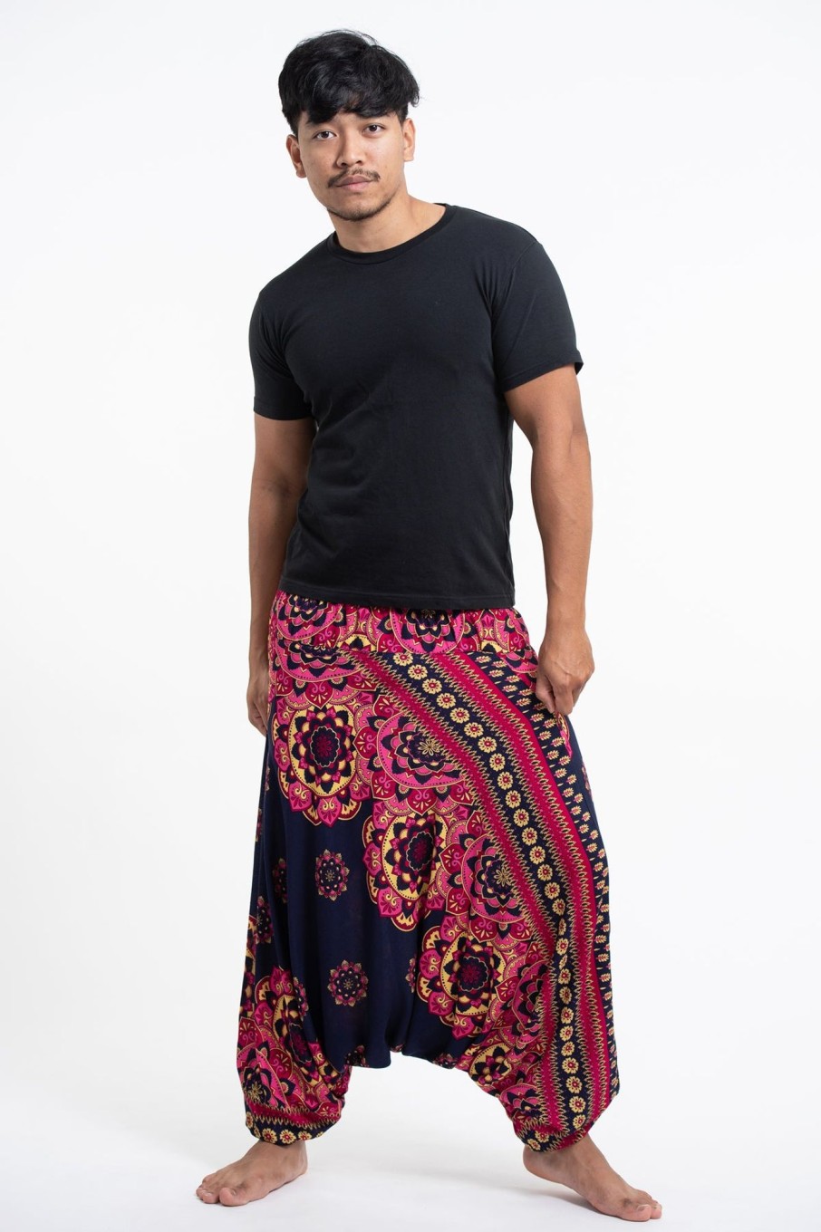 Men HaremPants | Lotus Mandalas Drop Crotch Men'S Harem Pants In Navy