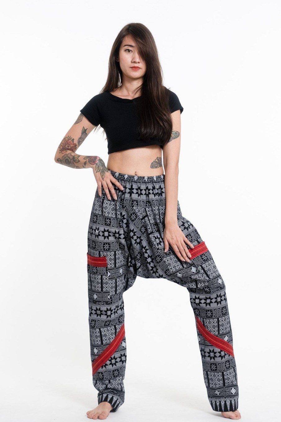 Women HaremPants | Traditional Print Thai Hill Tribe Fabric Women'S Slim Cut Harem Pants In Black And White Black/White