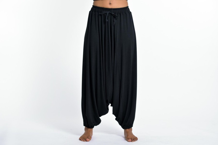 Women HaremPants | Drawstring Low Cut Harem Pants Cotton Spandex In Solid Black