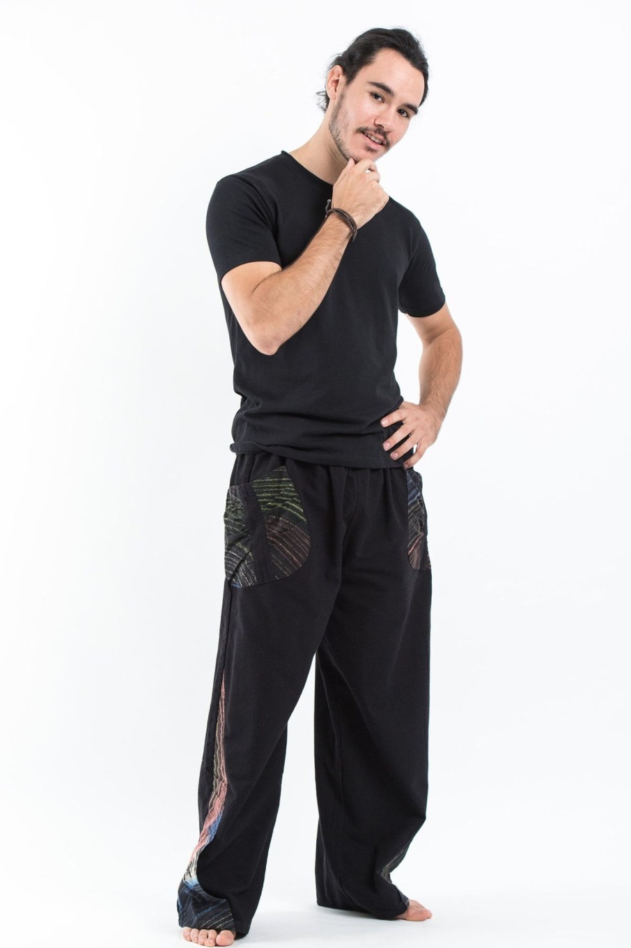 Men HaremPants | Thai Cotton Men'S Pants With Hill Tribe Trim In Black