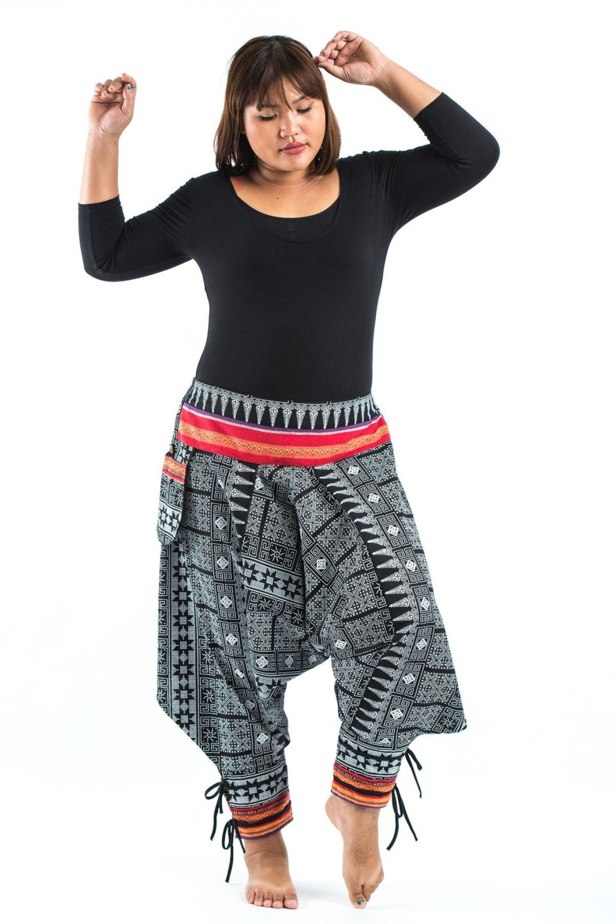 Plus Size HaremPants | Plus Size Traditional Prints Thai Hill Tribe Fabric Women'S Harem Pants With Ankle Straps Black