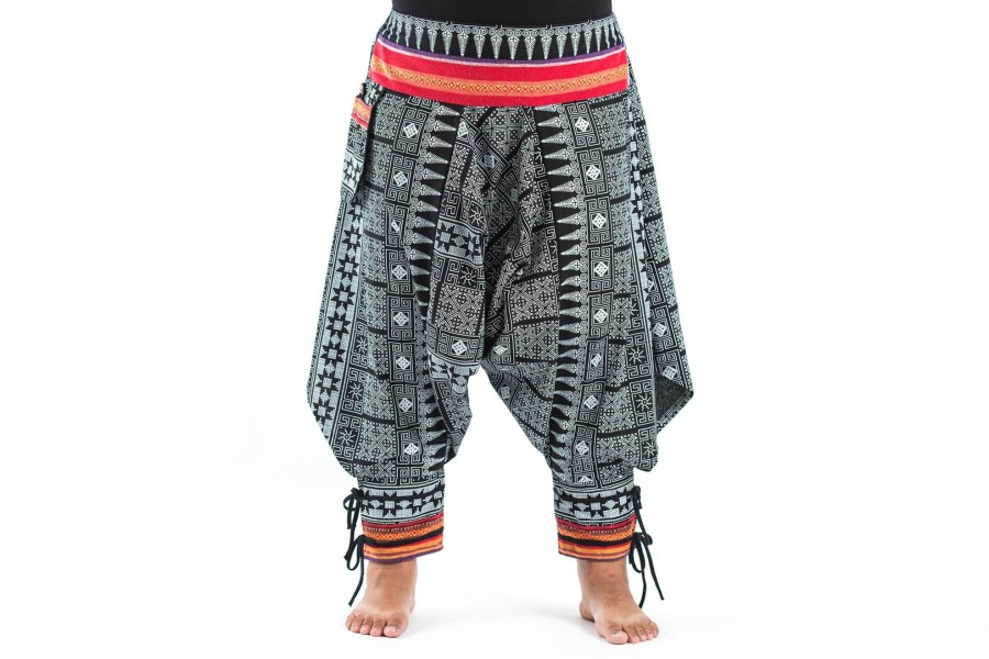 Plus Size HaremPants | Plus Size Traditional Prints Thai Hill Tribe Fabric Women'S Harem Pants With Ankle Straps Black