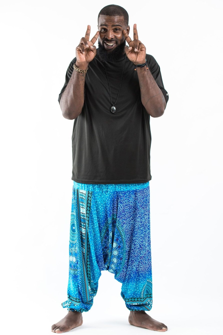 Plus Size HaremPants | Plus Size Tribal Chakras Drop Crotch Men'S Harem Pants In Blue