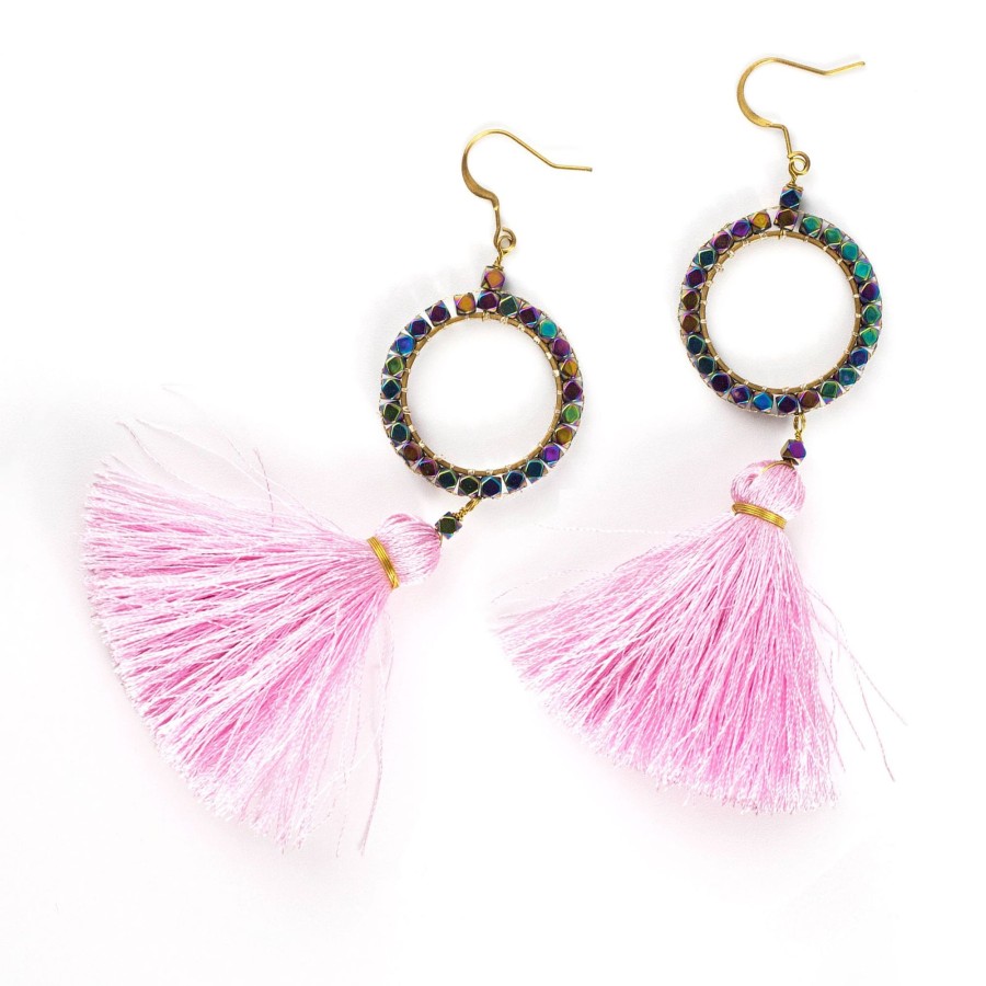 Accessories HaremPants | Circle Tassels Brass Earrings Pink