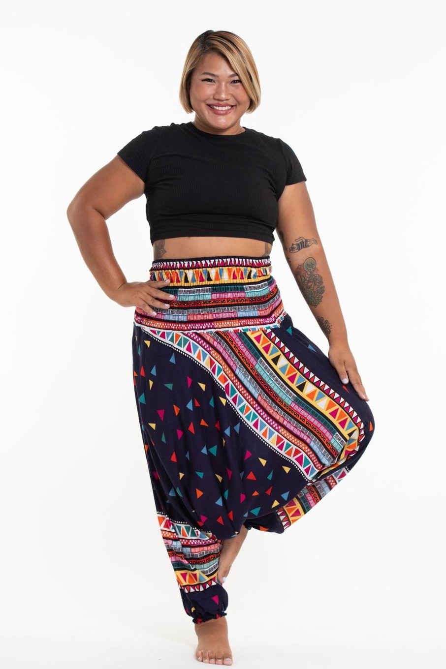 Plus Size HaremPants | Plus Size Triangles 2-In-1 Jumpsuit Harem Pants In Navy