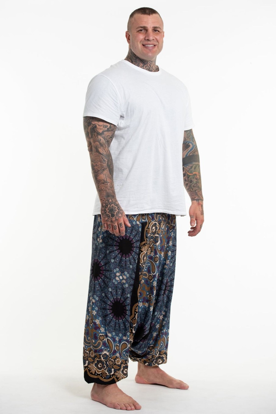 Plus Size HaremPants | Plus Size Paisley Mandalas Drop Crotch Men'S Harem Pants In Gray