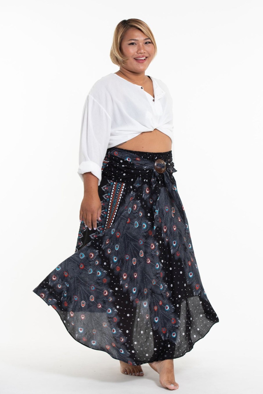 Plus Size HaremPants | Plus Size Peacock Handkerchief Midi Skirt In Black