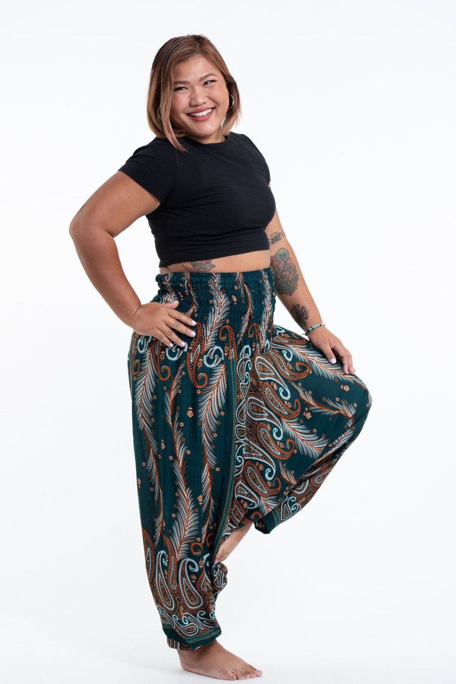 Women HaremPants | Plus Size Paisley Feathers 2-In-1 Jumpsuit Harem Pants In Green